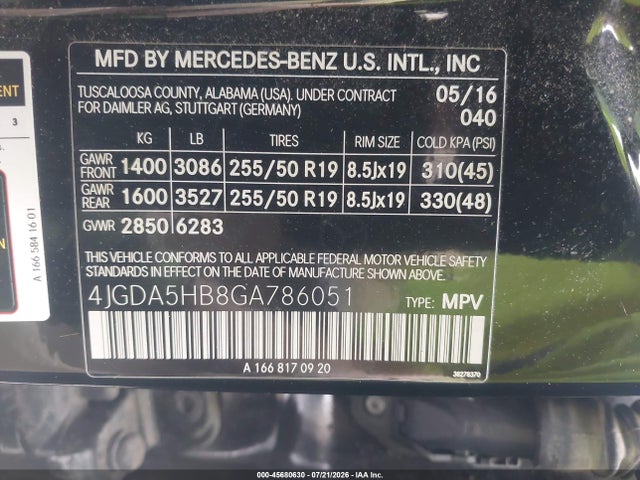 Aukcja sprzedaży 2016 Mercedes-benz Gle 350 4matic, vin: 4JGDA5HB8GA786051, numer aukcji: 45680630