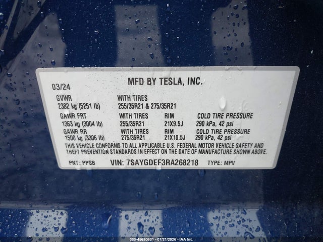 45680631 :رقم المزاد ، 7SAYGDEF3RA268218 vin ، 2024 Tesla Model Y Performance Dual Motor All-wheel Drive مزاد بيع