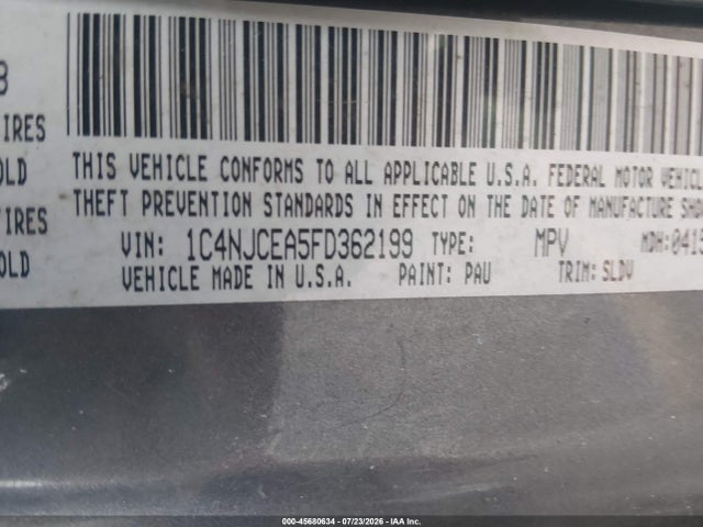 45680634 :رقم المزاد ، 1C4NJCEA5FD362199 vin ، 2015 Jeep Compass High Altitude Edition مزاد بيع