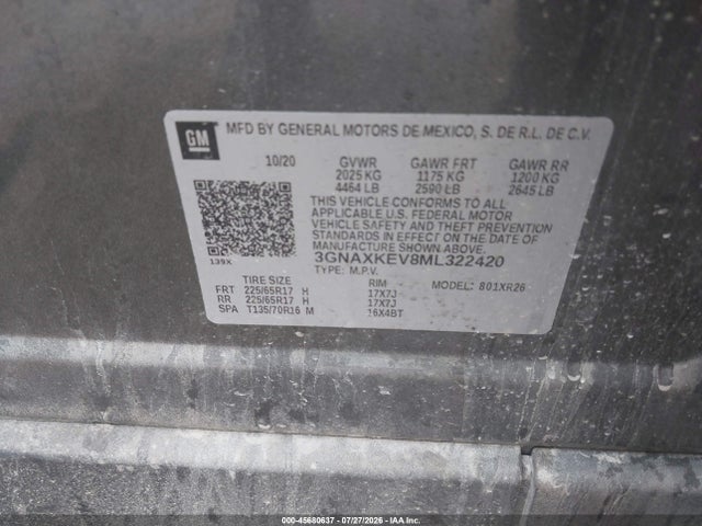 Продаж на аукціоні авто 2021 Chevrolet Equinox Fwd Lt, vin: 3GNAXKEV8ML322420, номер лоту: 45680637