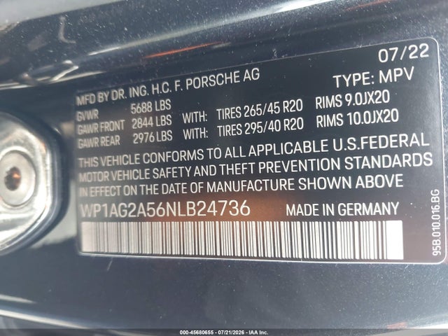 Aukcja sprzedaży 2022 Porsche Macan S, vin: WP1AG2A56NLB24736, numer aukcji: 45680655