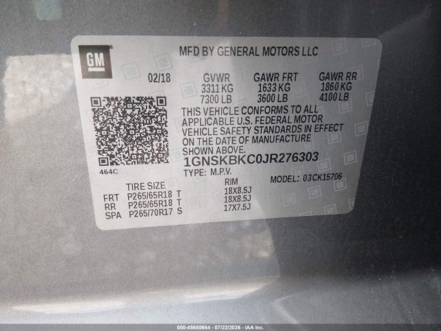 45680664 :رقم المزاد ، 1GNSKBKC0JR276303 vin ، 2018 Chevrolet Tahoe Lt مزاد بيع