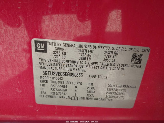 2014 Gmc Sierra 1500 Slt მანქანა იყიდება აუქციონზე, vin: 3GTU2VEC5EG390365, აუქციონის ნომერი: 45680669