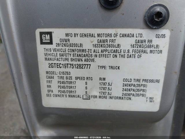Aukcja sprzedaży 2005 Gmc Sierra 1500 Sle, vin: 2GTEC19T751282777, numer aukcji: 45680683