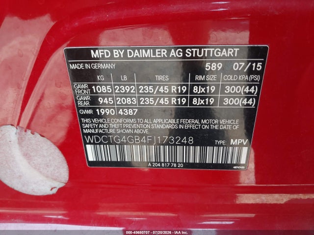 Aukcja sprzedaży 2015 Mercedes-benz Gla 250 4matic, vin: WDCTG4GB4FJ173248, numer aukcji: 45680707