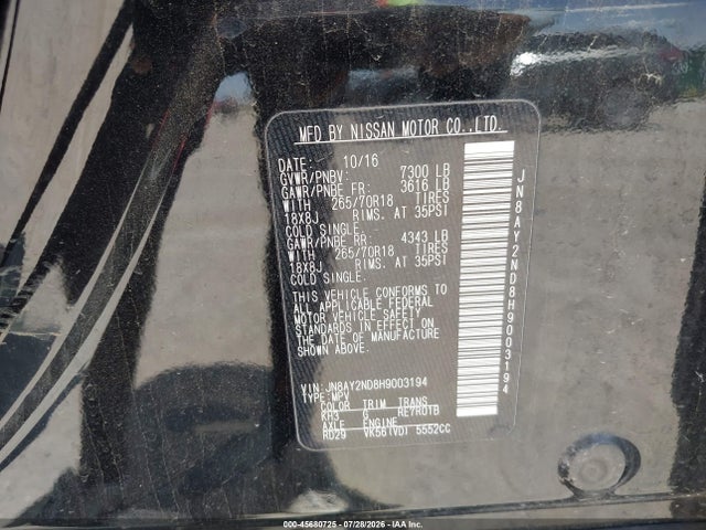 Aukcja sprzedaży 2017 Nissan Armada Sv, vin: JN8AY2ND8H9003194, numer aukcji: 45680725