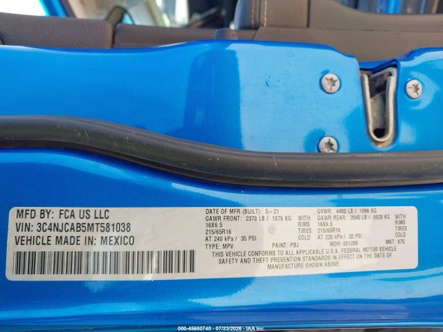 Продажа на аукционе авто 2021 Jeep Compass Sport Fwd, vin: 3C4NJCAB5MT581038, номер лота: 45680740