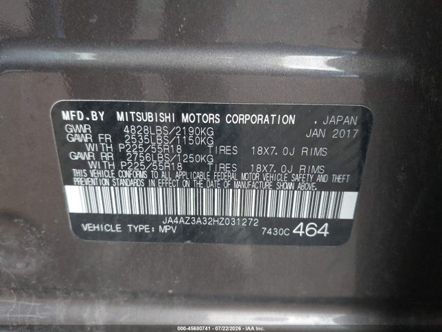 2017 Mitsubishi Outlander Se მანქანა იყიდება აუქციონზე, vin: JA4AZ3A32HZ031272, აუქციონის ნომერი: 45680741