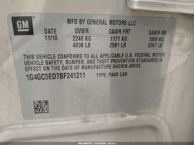 Продаж на аукціоні авто 2011 Buick Lacrosse Cxl, vin: 1G4GC5ED7BF241211, номер лоту: 45680753