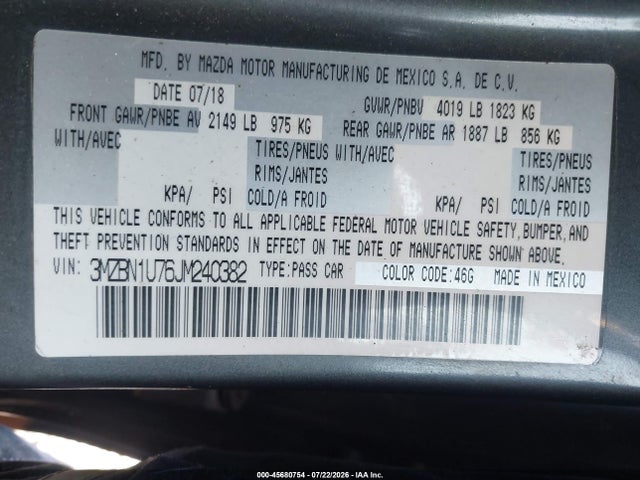 45680754 :رقم المزاد ، 3MZBN1U76JM240382 vin ، 2018 Mazda Mazda3 Sport مزاد بيع