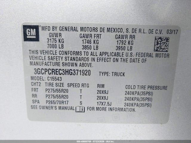 45680769 :رقم المزاد ، 3GCPCREC3HG371920 vin ، 2017 Chevrolet Silverado 1500 Lt مزاد بيع