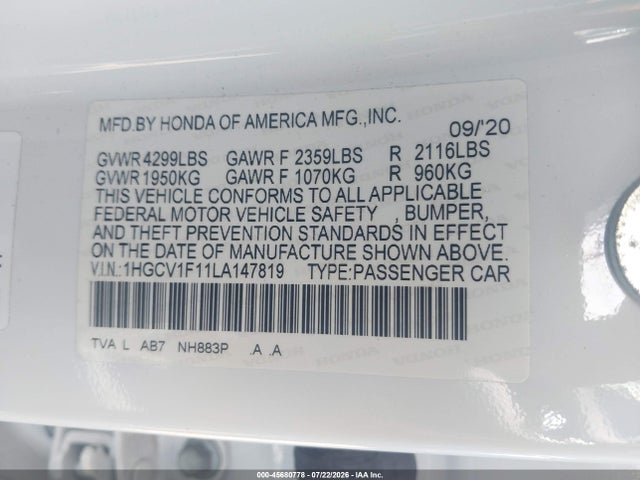 Honda ACCORD LX 2020 1HGCV1F11LA147819 Image 9