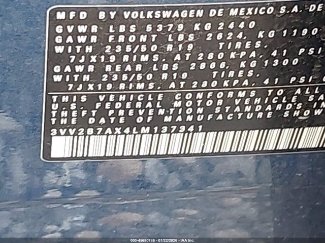2020 Volkswagen Tiguan 2.0t Se/2.0t Se R-line Black/2.0t Sel მანქანა იყიდება აუქციონზე, vin: 3VV2B7AX4LM137341, აუქციონის ნომერი: 45680786