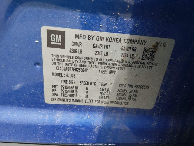 45680797 :رقم المزاد ، KL4CJASB7FB263642 vin ، 2015 Buick Encore مزاد بيع