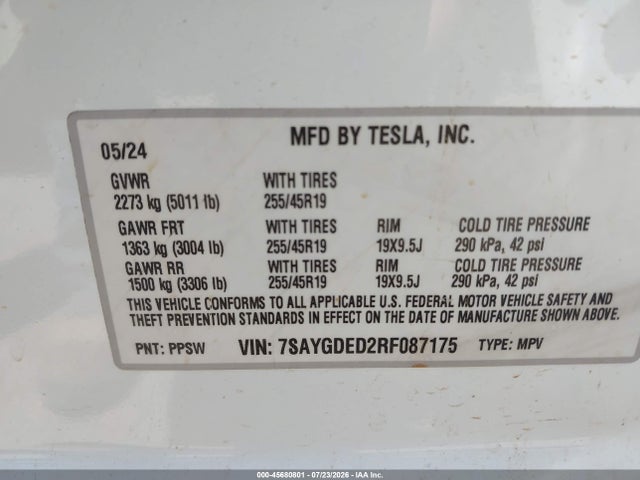 Aukcja sprzedaży 2024 Tesla Model Y Long Range Single Motor Rear-wheel Drive/rwd, vin: 7SAYGDED2RF087175, numer aukcji: 45680801