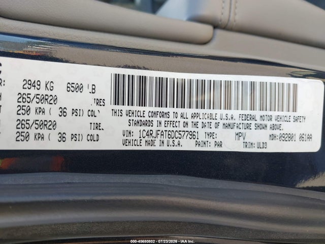 45680802 :رقم المزاد ، 1C4RJFAT6DC577961 vin ، 2013 Jeep Grand Cherokee Laredo Altitude مزاد بيع