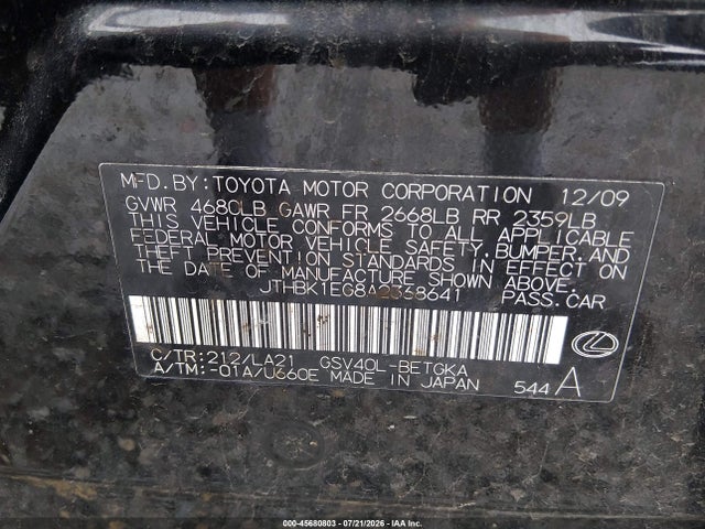 Aukcja sprzedaży 2010 Lexus Es 350, vin: JTHBK1EG8A2368641, numer aukcji: 45680803