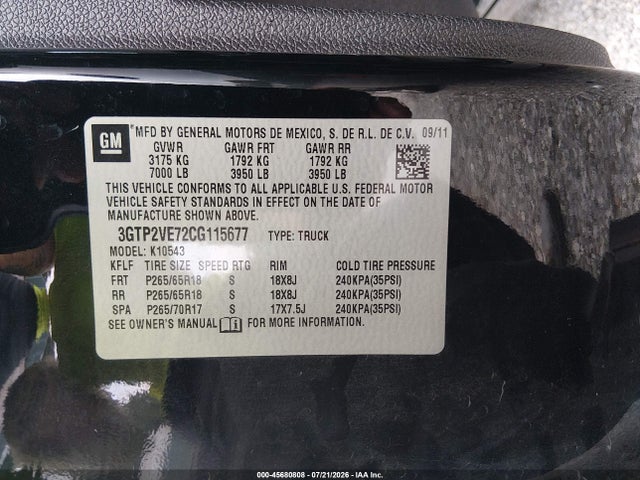 45680808 :رقم المزاد ، 3GTP2VE72CG115677 vin ، 2012 Gmc Sierra 1500 Sle مزاد بيع