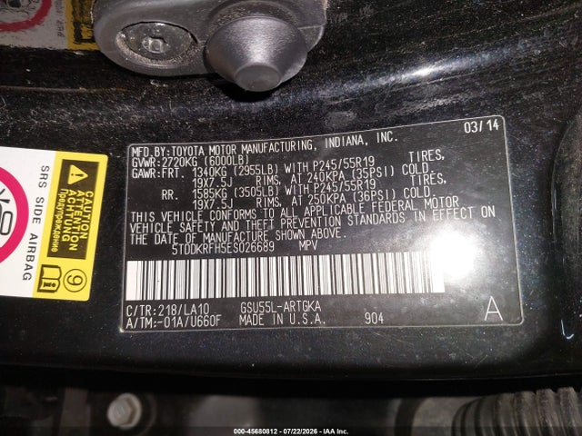 45680812 :رقم المزاد ، 5TDDKRFH5ES026689 vin ، 2014 Toyota Highlander Limited Platinum V6 مزاد بيع