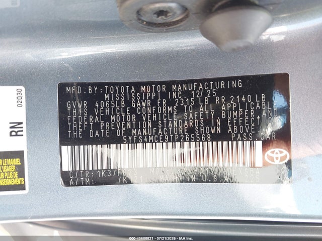 45680821 :رقم المزاد ، 5YFS4MCE9TP265568 vin ، 2026 Toyota Corolla Se مزاد بيع