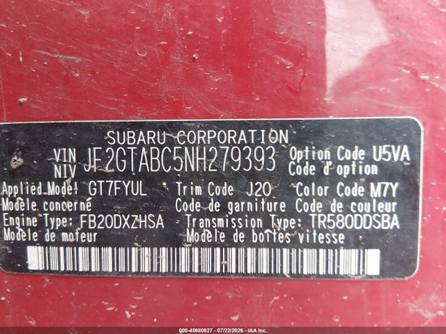 45680827 :رقم المزاد ، JF2GTABC5NH279393 vin ، 2022 Subaru Crosstrek مزاد بيع