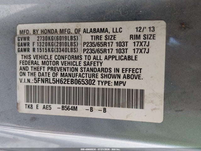 Honda Odyssey Ex-l 2014 5FNRL5H62EB065302 Image 9