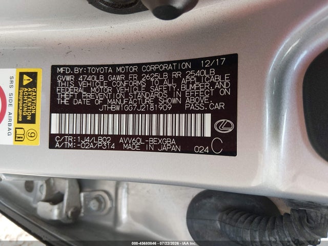 45680846 :رقم المزاد ، JTHBW1GG7J2181909 vin ، 2018 Lexus Es 300h مزاد بيع