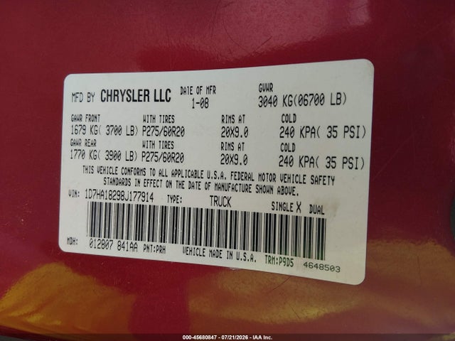 2008 Dodge Ram 1500 Slt მანქანა იყიდება აუქციონზე, vin: 1D7HA18298J177914, აუქციონის ნომერი: 45680847