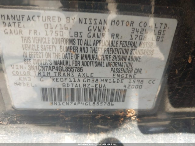 Продажа на аукционе авто 2016 Nissan Versa 1.6 S/1.6 S+/1.6 Sl/1.6 Sv, vin: 3N1CN7AP4GL855786, номер лота: 45680850