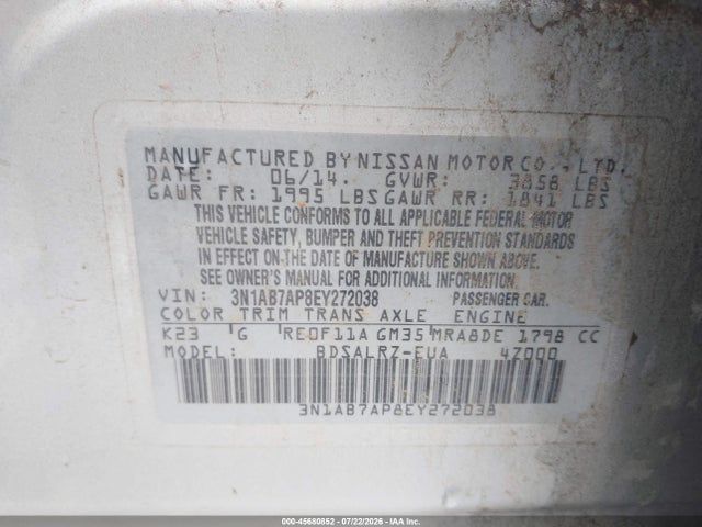 45680852 :رقم المزاد ، 3N1AB7AP8EY272038 vin ، 2014 Nissan Sentra Sr مزاد بيع