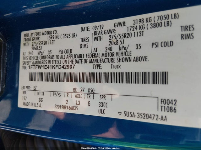45680866 :رقم المزاد ، 1FTFW1E41KFD42907 vin ، 2019 Ford F-150 Xl مزاد بيع