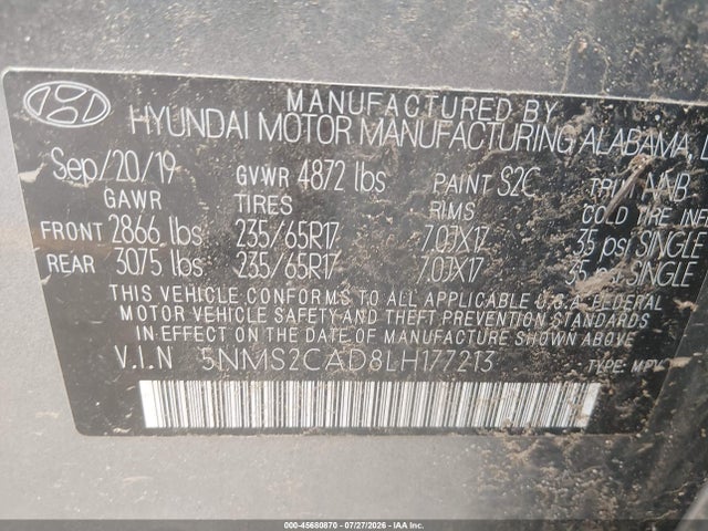 2020 Hyundai Santa Fe Se მანქანა იყიდება აუქციონზე, vin: 5NMS2CAD8LH177213, აუქციონის ნომერი: 45680870