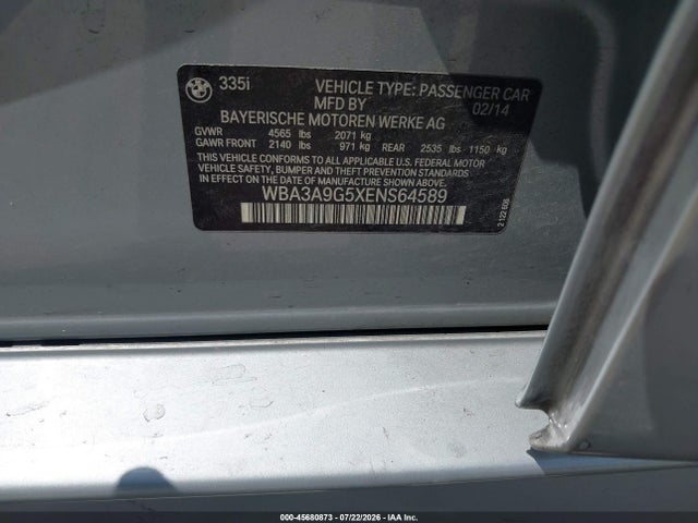 Aukcja sprzedaży 2014 Bmw 335i, vin: WBA3A9G5XENS64589, numer aukcji: 45680873