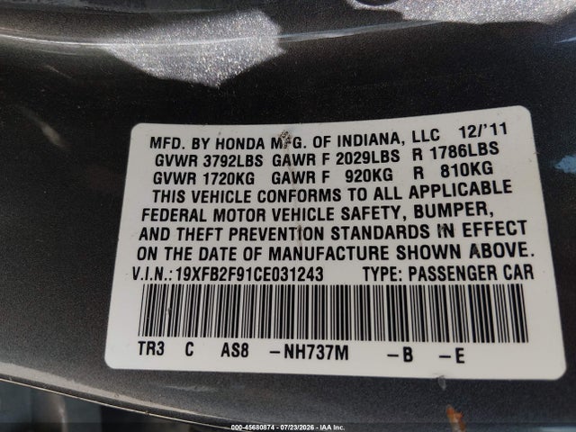 45680874 :رقم المزاد ، 19XFB2F91CE031243 vin ، 2012 Honda Civic Ex-l مزاد بيع
