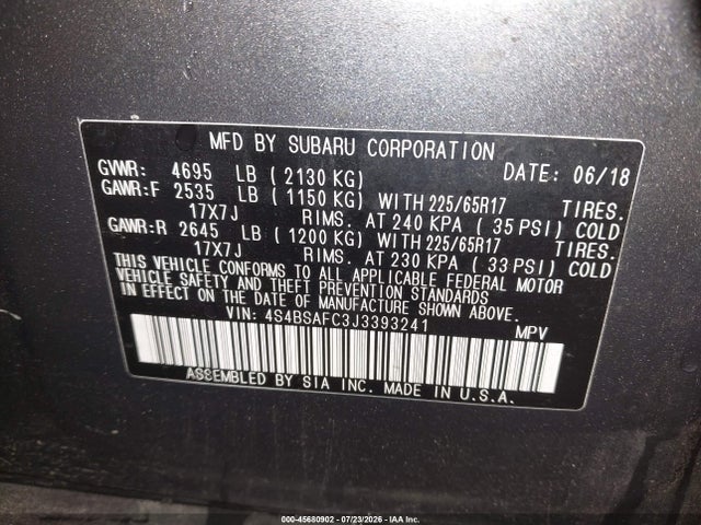 45680902 :رقم المزاد ، 4S4BSAFC3J3393241 vin ، 2018 Subaru Outback 2.5i Premium مزاد بيع