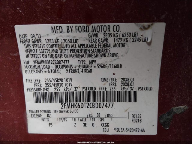 2012 Ford Flex Limited/titanium მანქანა იყიდება აუქციონზე, vin: 2FMHK6DT2CBD07477, აუქციონის ნომერი: 45680905