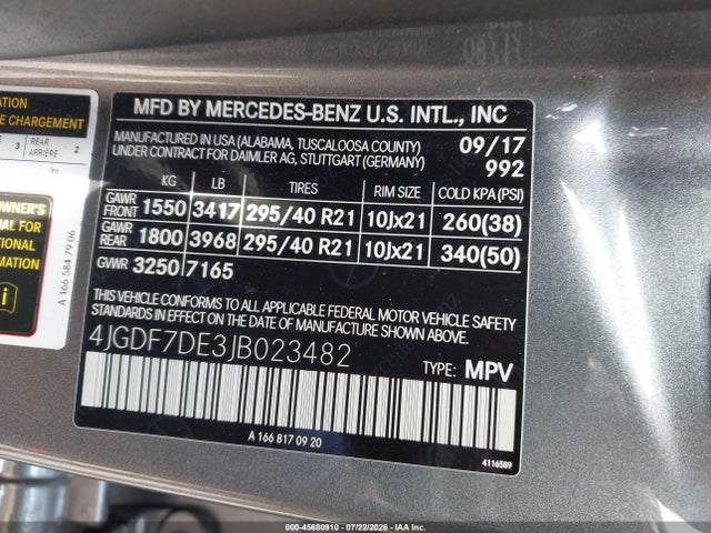 45680910 :رقم المزاد ، 4JGDF7DE3JB023482 vin ، 2018 Mercedes-benz Gls 550 4matic مزاد بيع