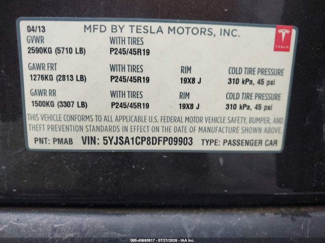 Продаж на аукціоні авто 2013 Tesla Model S Performance, vin: 5YJSA1CP8DFP09903, номер лоту: 45680917
