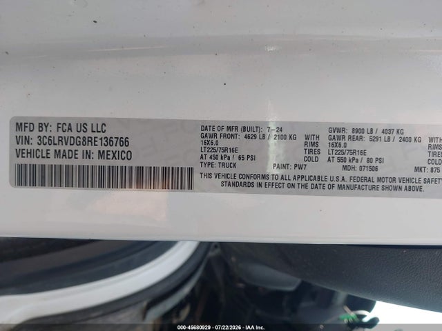 Продажа на аукционе авто 2024 Ram Promaster 2500 Tradesman High Roof 159 Wb W/pass Seat, vin: 3C6LRVDG8RE136766, номер лота: 45680929