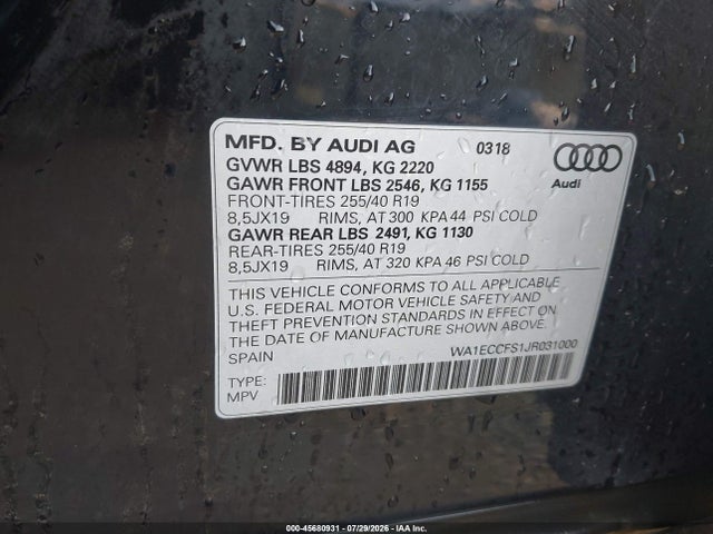 45680931 :رقم المزاد ، WA1ECCFS1JR031000 vin ، 2018 Audi Q3 2.0t Premium/2.0t Sport Premium مزاد بيع