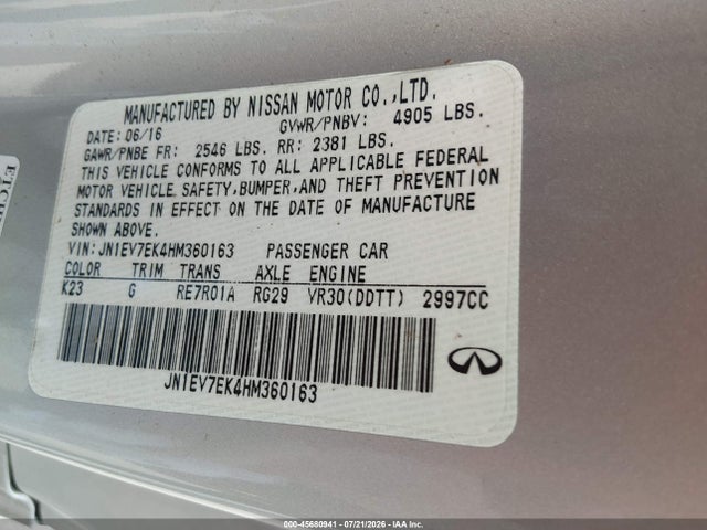 45680941 :رقم المزاد ، JN1EV7EK4HM360163 vin ، 2017 Infiniti Q60 3.0t Premium مزاد بيع