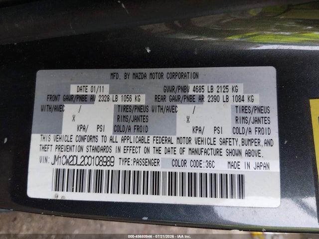 Aukcja sprzedaży 2012 Mazda Mazda5 Grand Touring, vin: JM1CW2DL2C0108989, numer aukcji: 45680946
