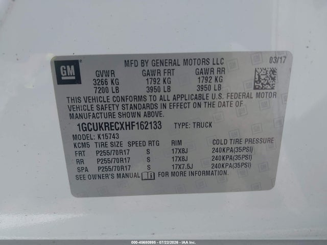 Auction sale of the 2017 Chevrolet Silverado 1500 Lt, vin: 1GCUKRECXHF162133, lot number: 45680995