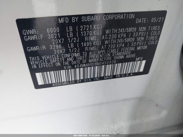 Продажа на аукционе авто 2021 Subaru Ascent Touring, vin: 4S4WMARD8M3450926, номер лота: 45681006