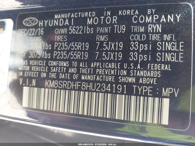 Aukcja sprzedaży 2017 Hyundai Santa Fe Limited Ultimate, vin: KM8SRDHF8HU234191, numer aukcji: 45681019
