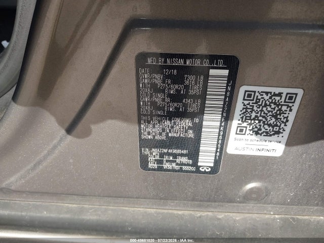 45681020 :رقم المزاد ، JN8AZ2NF4K9685481 vin ، 2019 Infiniti Qx80 Luxe مزاد بيع