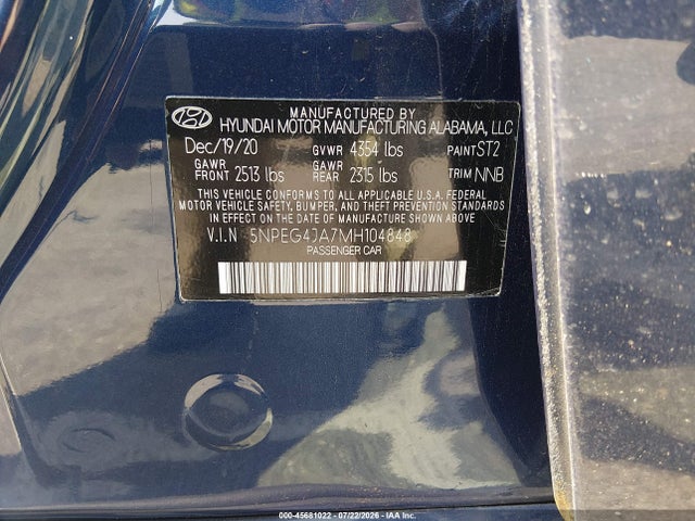 Продажа на аукционе авто 2021 Hyundai Sonata Se, vin: 5NPEG4JA7MH104848, номер лота: 45681022