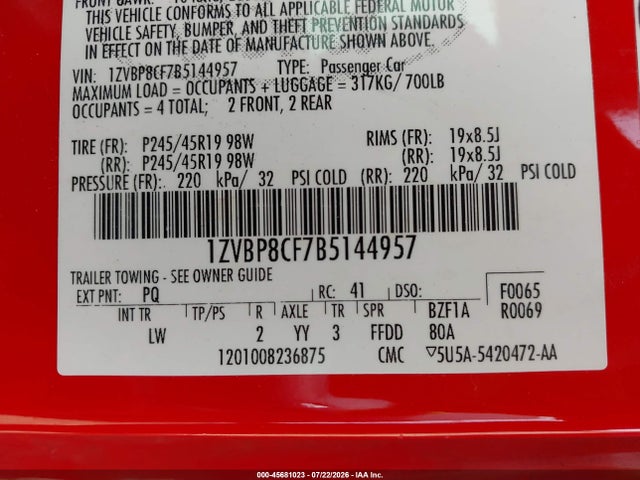Продаж на аукціоні авто 2011 Ford Mustang Gt Premium, vin: 1ZVBP8CF7B5144957, номер лоту: 45681023