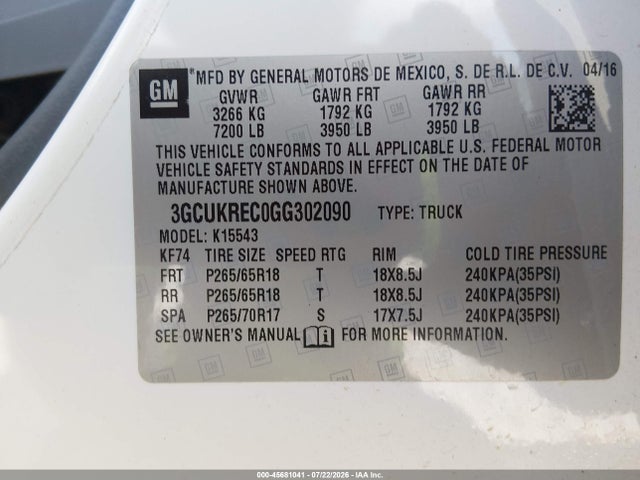 3GCUKREC0GG302090 Chevrolet Silverado 1500 Lt