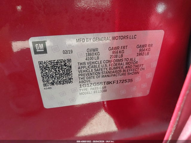45681052 :رقم المزاد ، 1G1ZG5ST8KF172535 vin ، 2019 Chevrolet Malibu Rs مزاد بيع